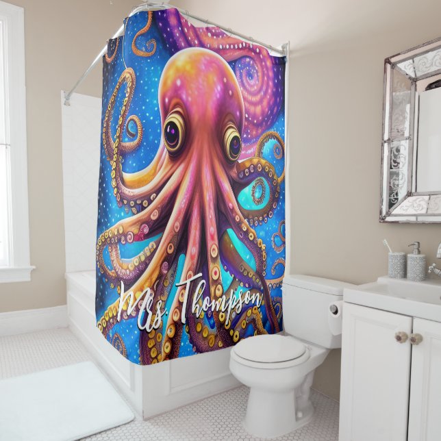 Kraken Octopus with Personalised Name Shower Curtain (In Situ)