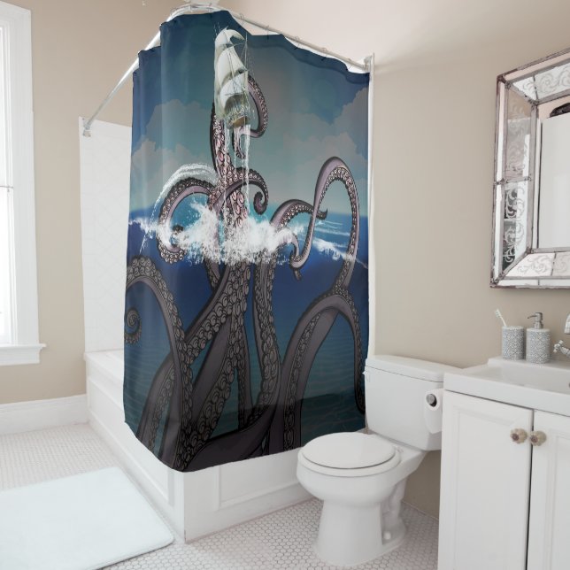 Kraken Sea Monster Attacks Ship at Sea Shower Curtain (In Situ)