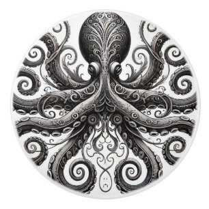 Kraken Steampunk Octopus Ornate Black Ceramic Knob