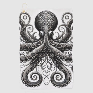 Kraken Steampunk Octopus Ornate Black Golf Towel