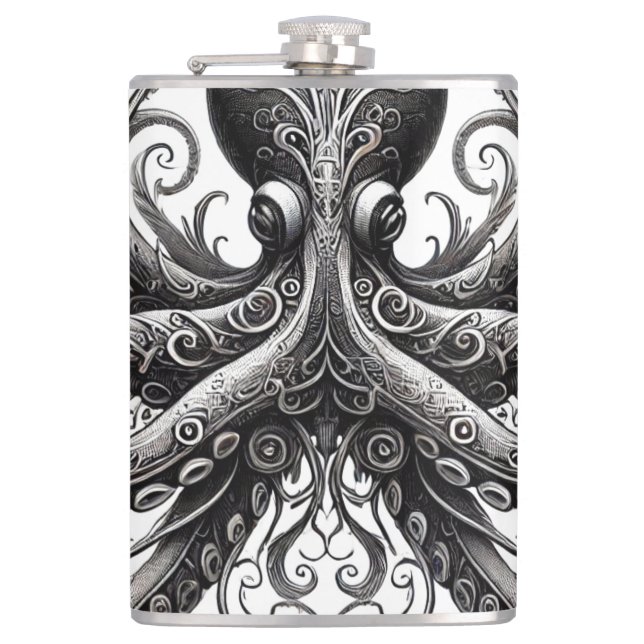 Kraken Steampunk Octopus Ornate Black Hip Flask (Front)