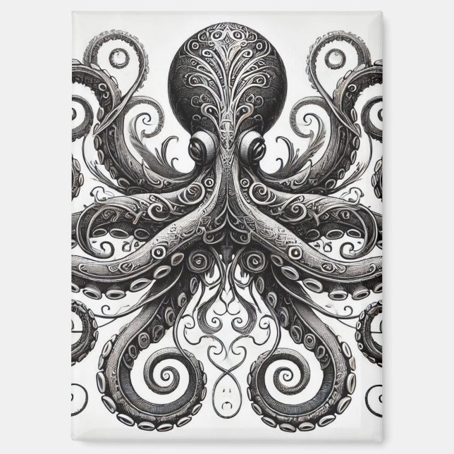 Kraken Steampunk Octopus Ornate Black Magnet (Front)
