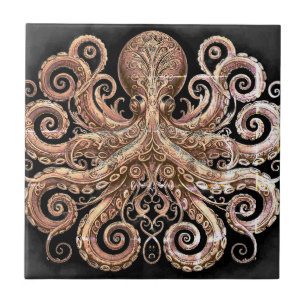 Kraken Steampunk Octopus Ornate Gold and Black Ceramic Tile