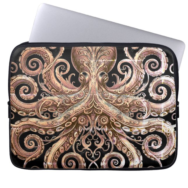 Kraken Steampunk Octopus Ornate Gold and Black Laptop Sleeve (Front)