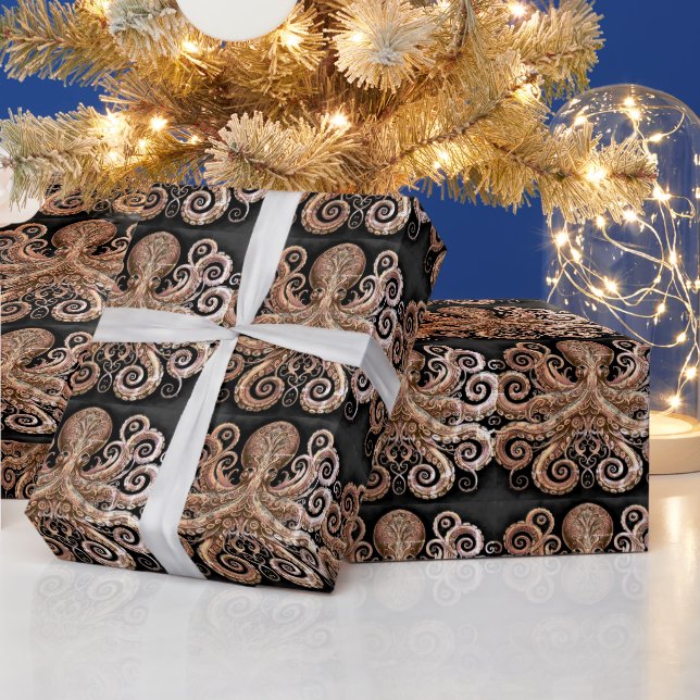 Kraken Steampunk Octopus Ornate Gold and Black Wrapping Paper (Holidays)