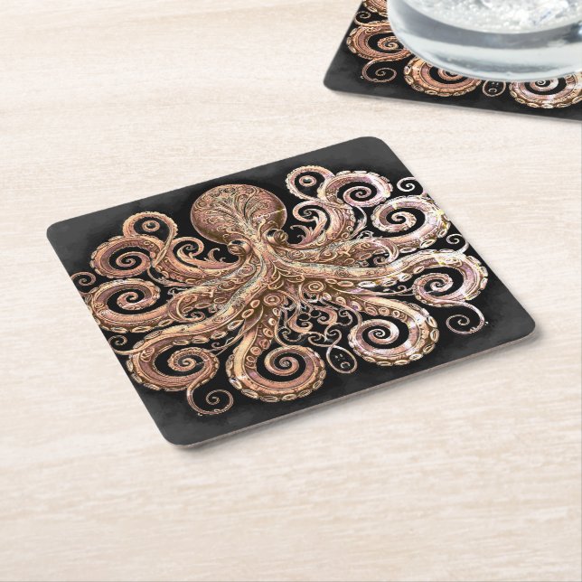 Kraken Steampunk Octopus Ornate Gold Black Square Paper Coaster (Angled)