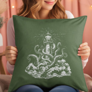 Kraken Swallowing a Light House On Green Linen Cushion