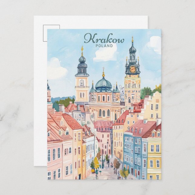 Krakow Poland Gouache Paint Illustration Travel Postcard (Front/Back)