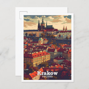 Krakow Poland Vintage Art Travel Illustration Postcard