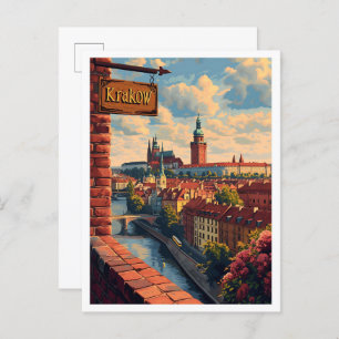 Krakow Poland Vintage Art Travel Illustration Postcard