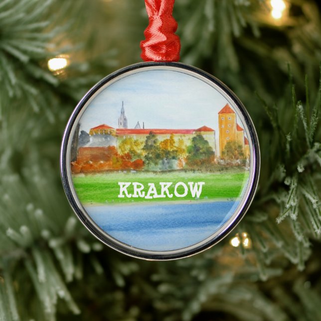 Krakow skyline in watercolor Poland Polska Metal Ornament (Tree)