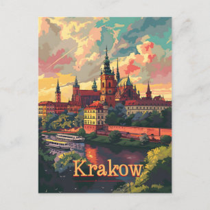 Krakow sunset vintage postcard
