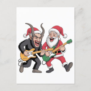 Krampus and Santa Playing Guitar Electric Xmas Holiday Postcard