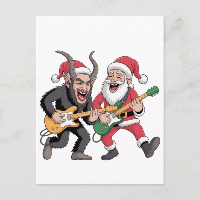 Krampus and Santa Playing Guitar Electric Xmas  Holiday Postcard (Front)