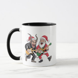 Krampus and Santa Playing Guitar Electric Xmas  Mug
