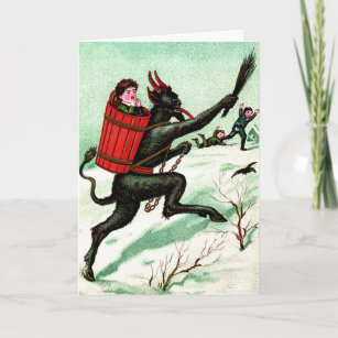Krampus Chasing Bad Children Winter Snow Holiday Card