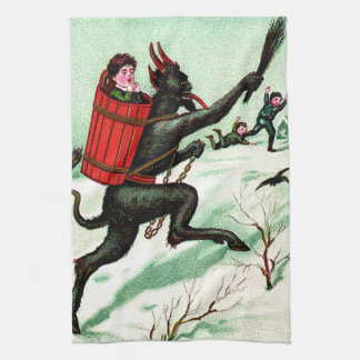 Krampus Chasing Bad Children Winter Snow Tea Towel