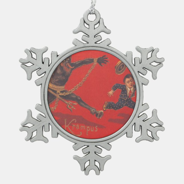 Krampus Chasing Boy Snowflake Pewter Christmas Ornament (Front)