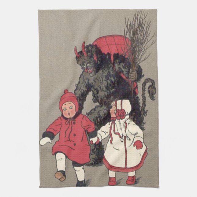 Krampus Chasing Children Switch Tea Towel (Vertical)