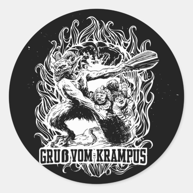 Krampus Christmas in Black Classic Round Sticker (Front)