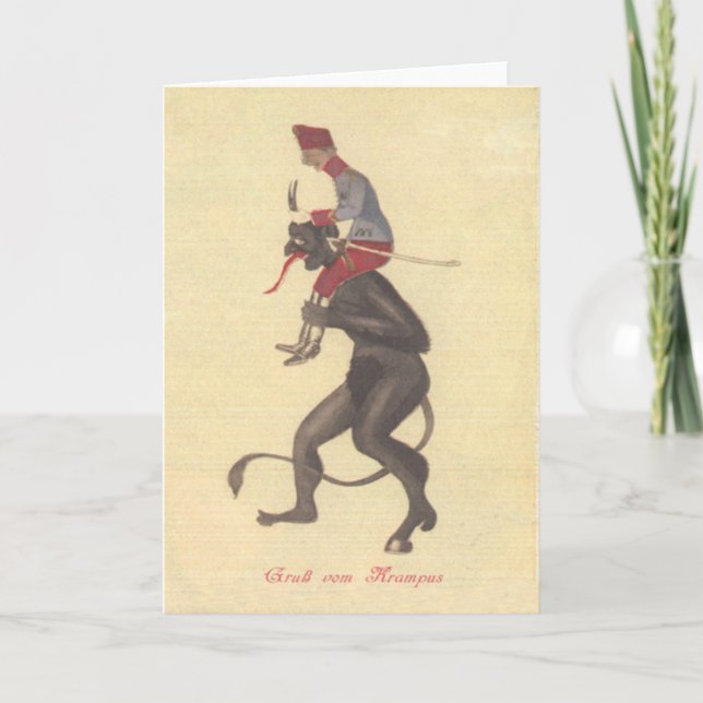 Krampus Kidnapping Adult Holiday Card (Front)