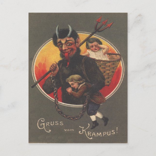 Krampus Kidnapping Boy & Girl Postcard (Front)