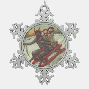 Krampus Kidnapping Children On Toboggan Snowflake Pewter Christmas Ornament