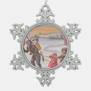 Krampus Kidnapping Children Winter Snowflake Pewter Christmas Ornament