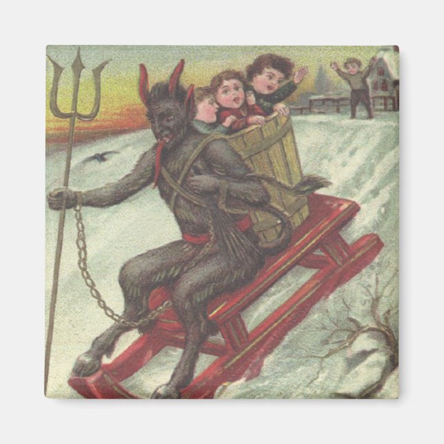 Krampus Kidnapping Kids On Sleigh Pitchfork Magnet (Front)