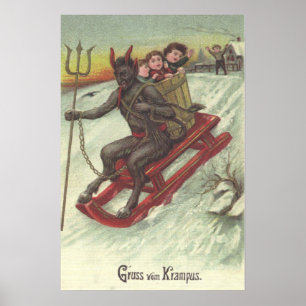 Krampus Kidnapping Kids On Sleigh Pitchfork Poster