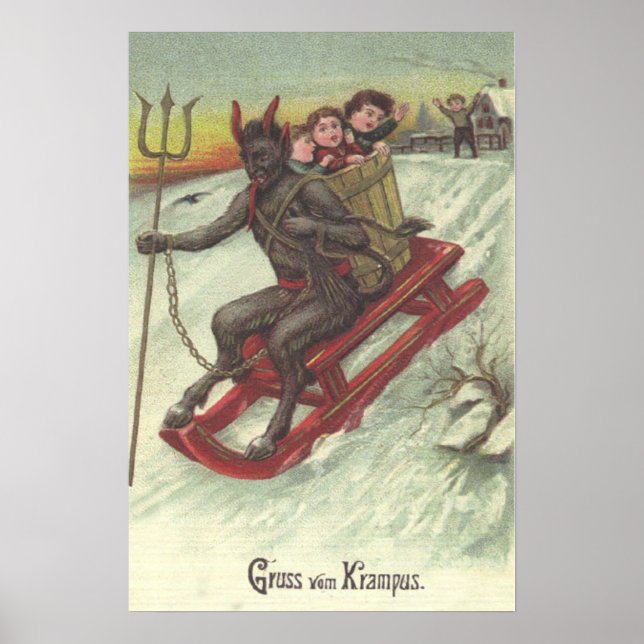 Krampus Kidnapping Kids On Sleigh Pitchfork Poster (Front)