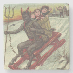 Krampus Kidnapping Kids On Sleigh Pitchfork Stone Coaster