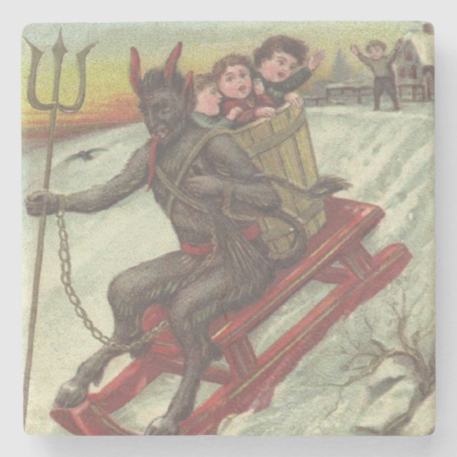 Krampus Kidnapping Kids On Sleigh Pitchfork Stone Coaster (Front)
