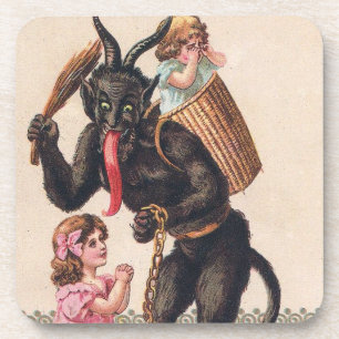 Krampus Kidnaps Girls Vintage Holiday Christmas Coaster