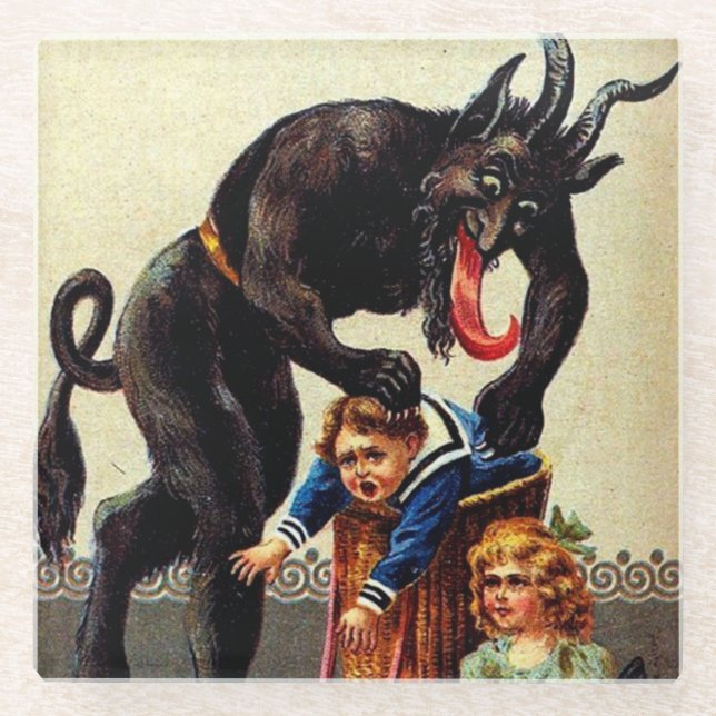 Krampus Kids in Basket Christmas Holiday Xmas Glass Coaster (Front)