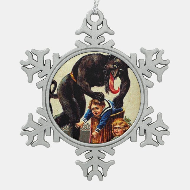 Krampus Kids in Basket Christmas Holiday Xmas Snowflake Pewter Christmas Ornament (Front)