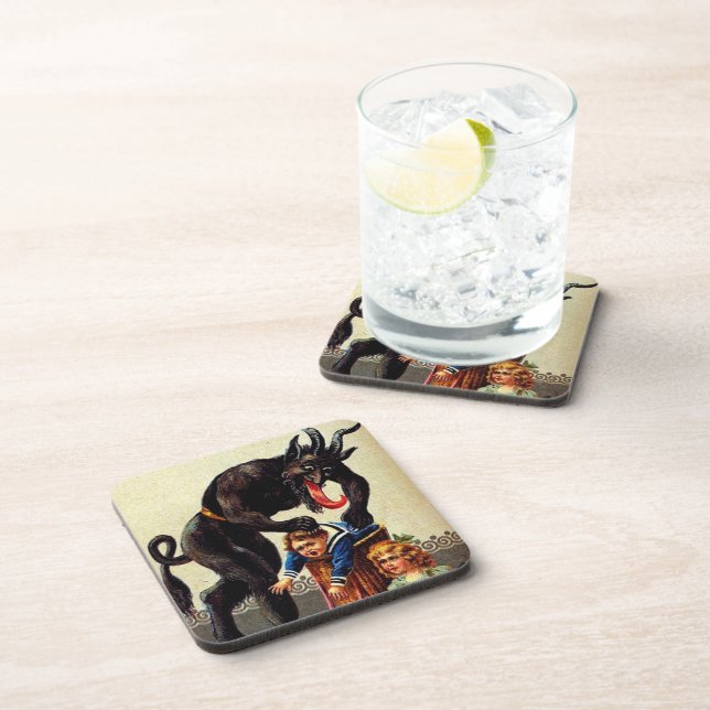 Krampus Kids in Basket Holiday Vintage Christmas Coaster (Right Side)