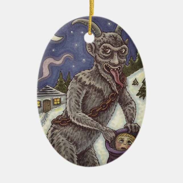 KRAMPUS & NAUGHTY CHILDREN, SCARY CHRISTMAS STORY CERAMIC ORNAMENT (Front)
