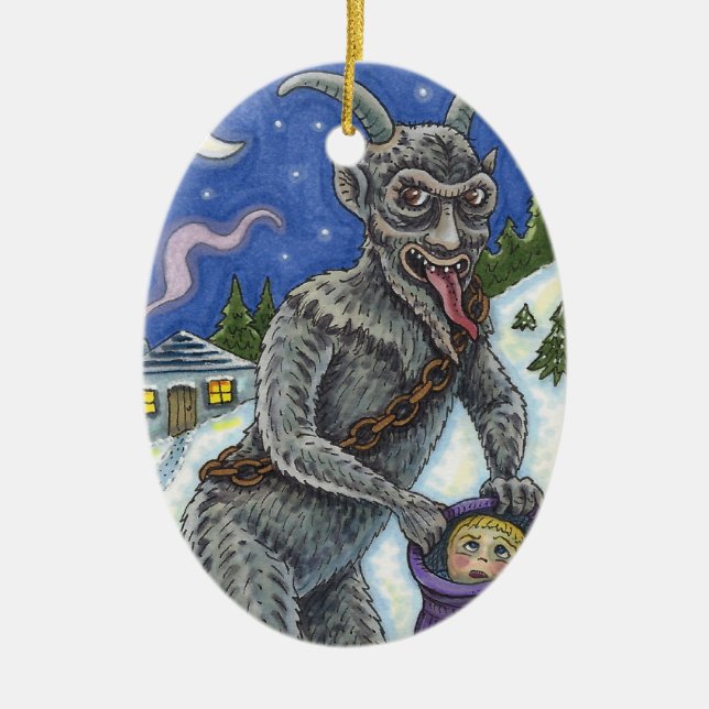 KRAMPUS & NAUGHTY CHILDREN, SCARY CHRISTMAS STORY CERAMIC ORNAMENT (Front)