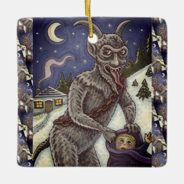 KRAMPUS & NAUGHTY CHILDREN, SCARY CHRISTMAS STORY CERAMIC ORNAMENT (Front)