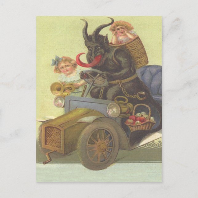 Krampus Obducting Little Girls In Car Postcard (Front)