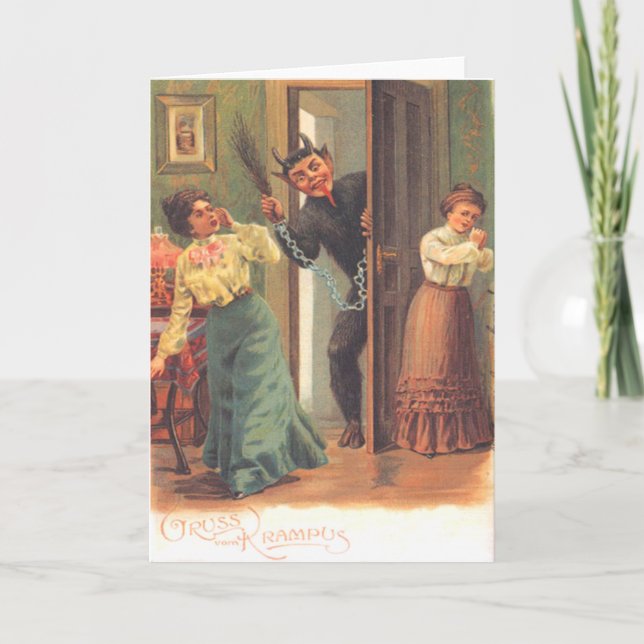 Krampus Punishing Women Holiday Card (Front)