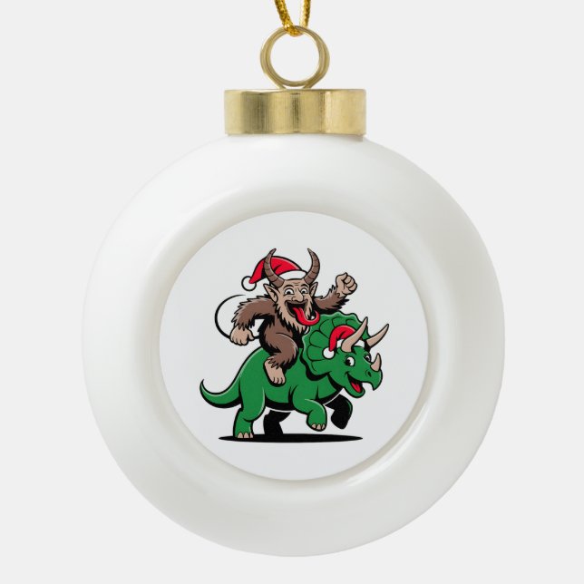 Krampus Riding A Dinosaur Santa Christmas Evil Ceramic Ball Christmas Ornament (Front)