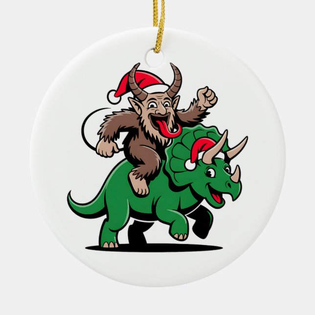Krampus Riding A Dinosaur Santa Christmas Evil Ceramic Ornament (Front)