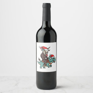 Krampus Riding A Dinosaur Santa Christmas Evil Wine Label