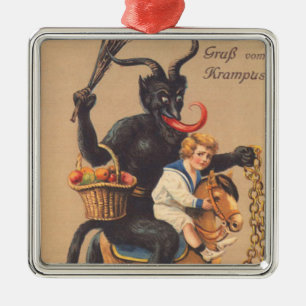 Krampus Riding Hobbyhorse With Boy Metal Ornament