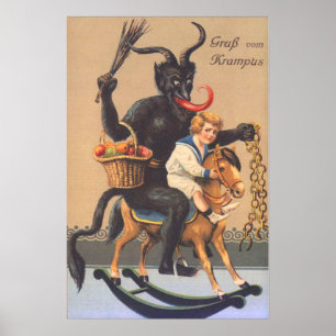 Krampus Riding Hobbyhorse With Boy Poster