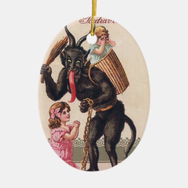Krampus Scaring Girls Vintage Holiday Christmas Ceramic Ornament (Front)