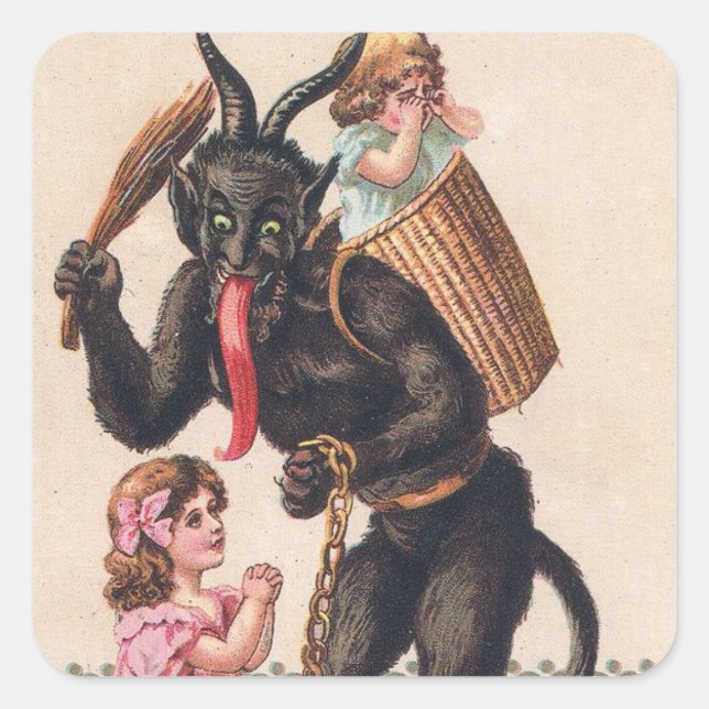 Krampus Scaring Girls Vintage Holiday Christmas Square Sticker (Front)
