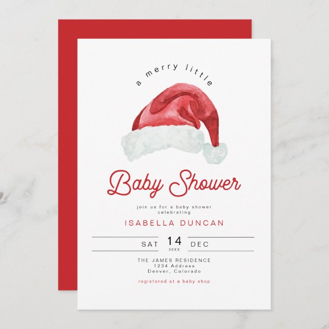 KRIS Cute Santa Hat Merry Little Baby Shower Invitation (Front/Back)